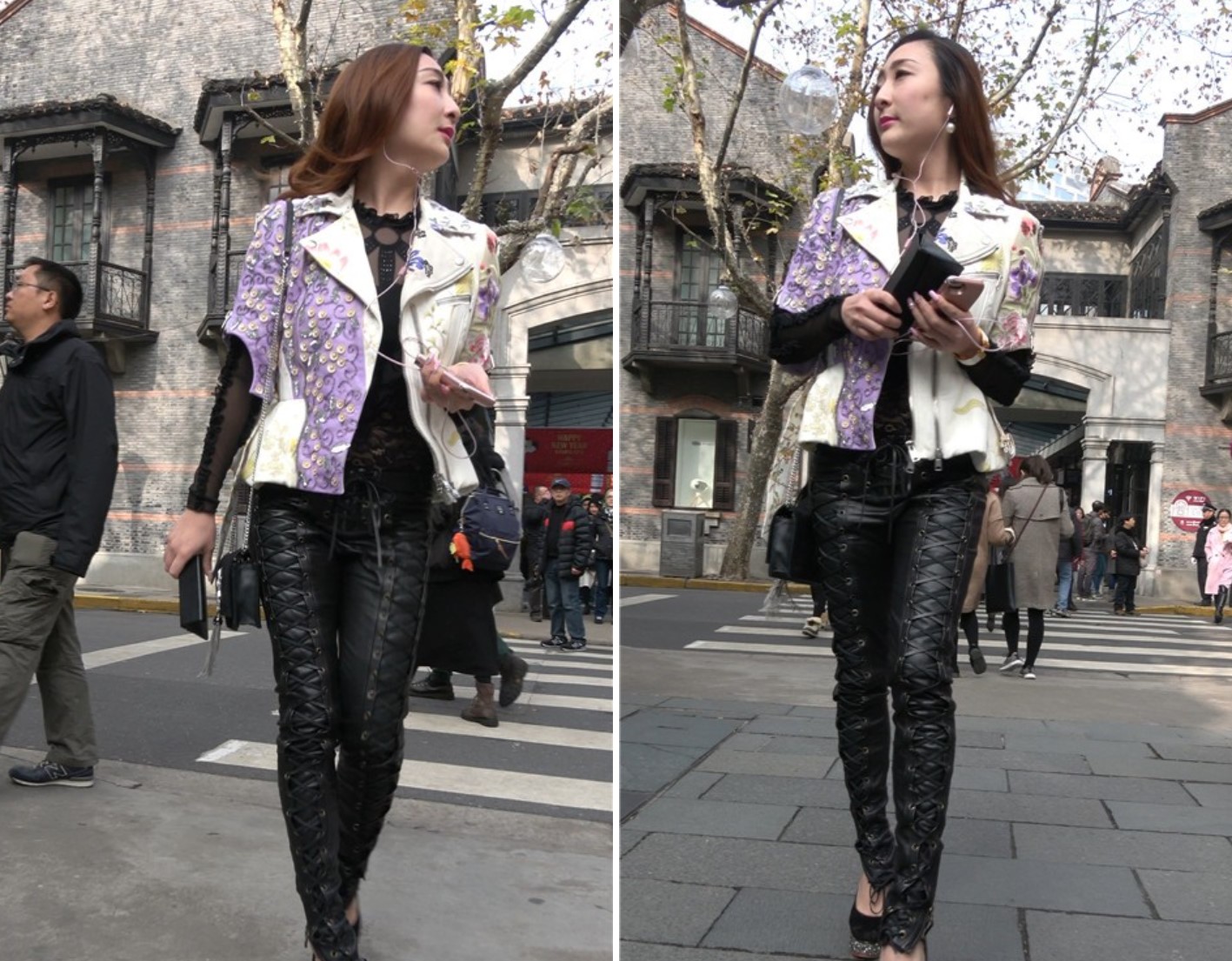 4K 性感长腿街拍皮裤高跟御姐美女 [601 MB]