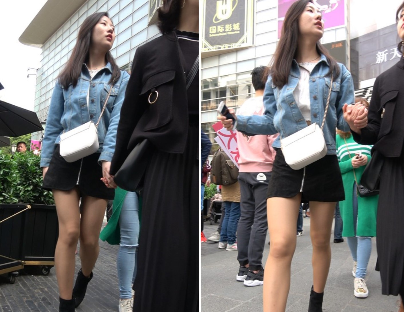 4K 牛仔外套短裙街拍美女笑容甜美