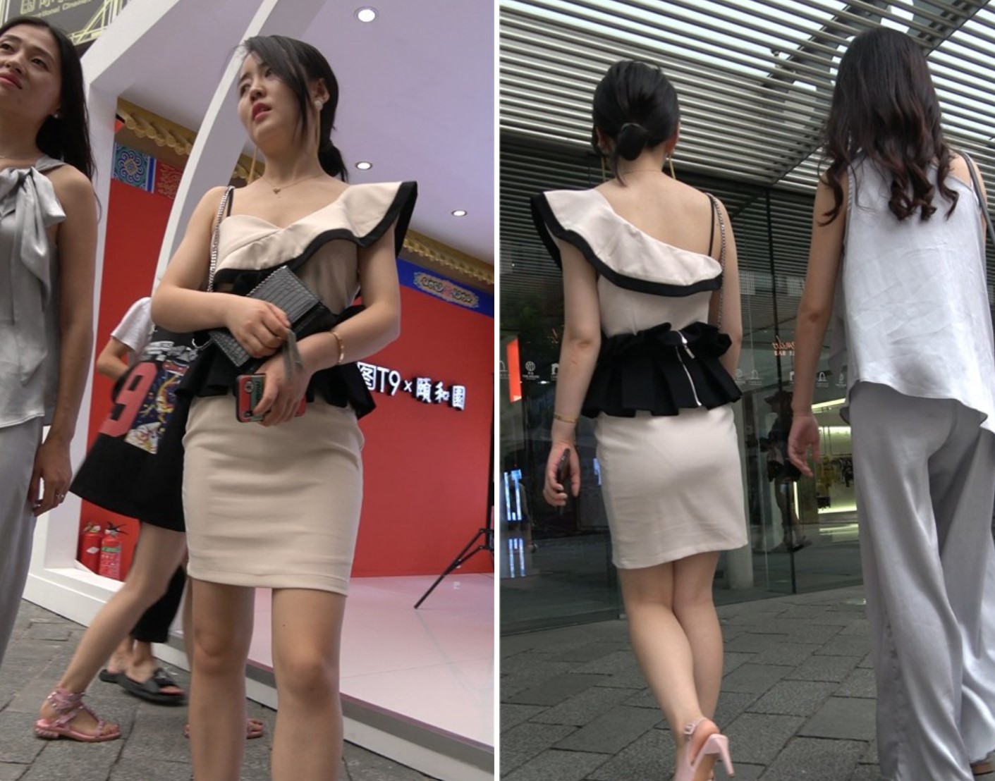 4K 性感身材米色吊带裙街拍高跟美女
