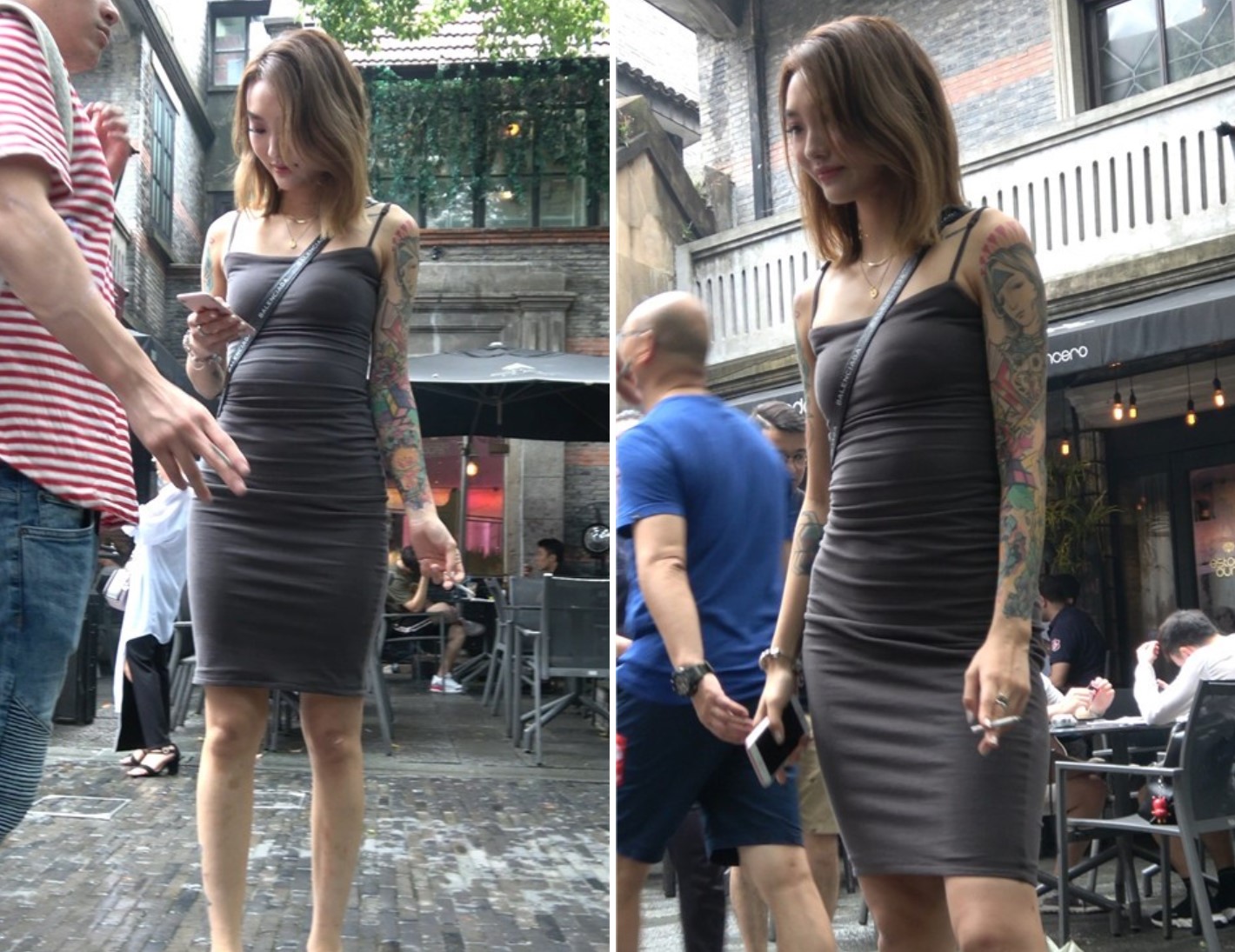 4K 灰色吊带裙纹身妹