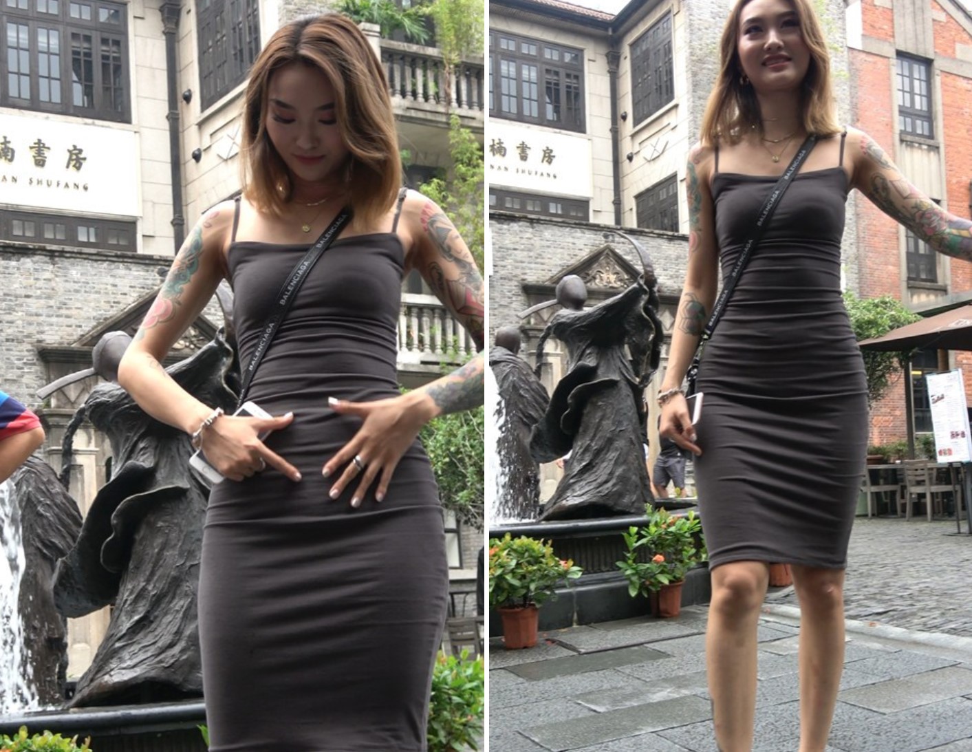 4K 灰色吊带裙纹身妹