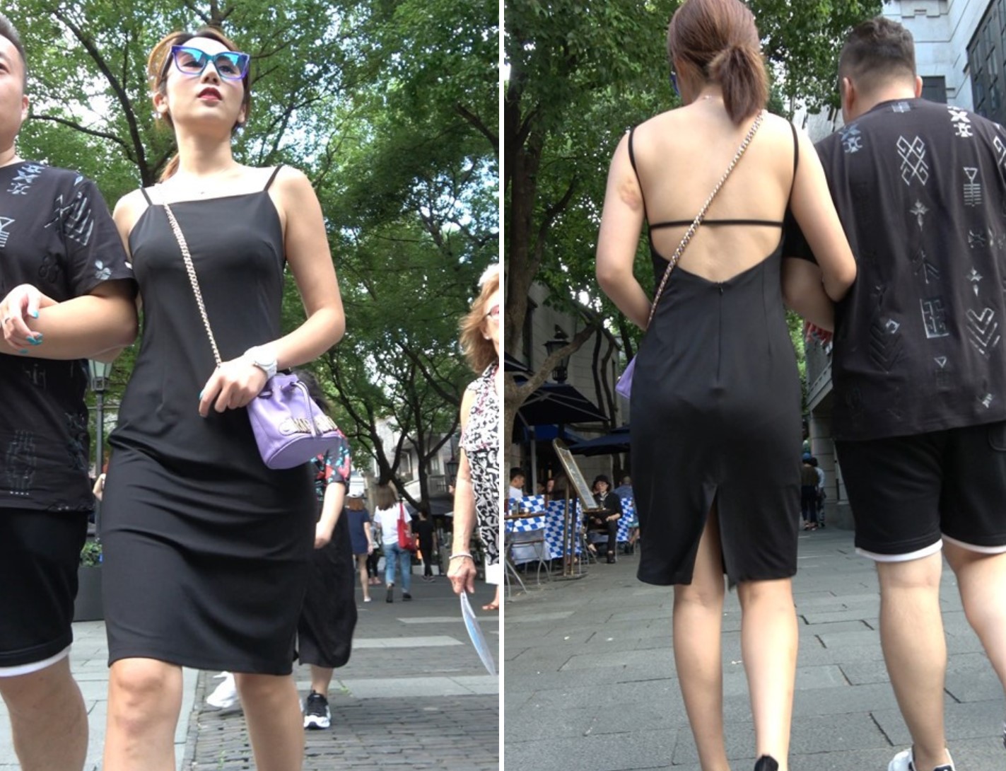 4K 黑色吊带裙露背街拍美女
