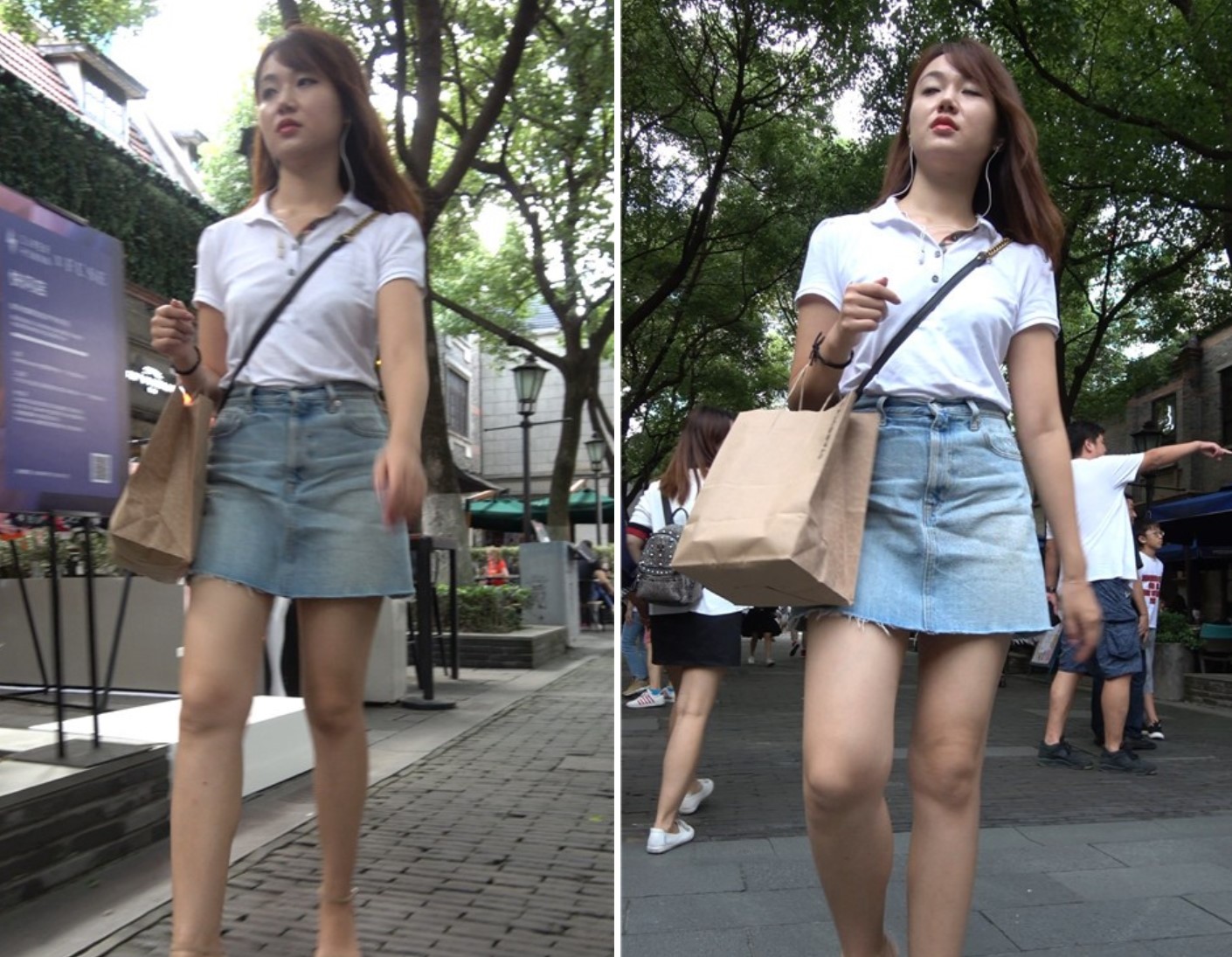 4K 漂亮的牛仔裙白衬衫美女姐姐自信满满