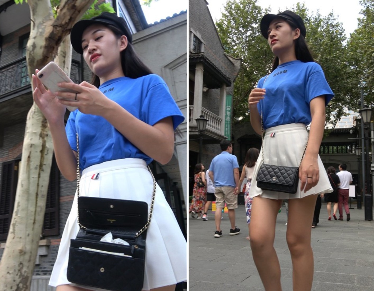 4K 蓝色T恤白色小短裙街拍美女