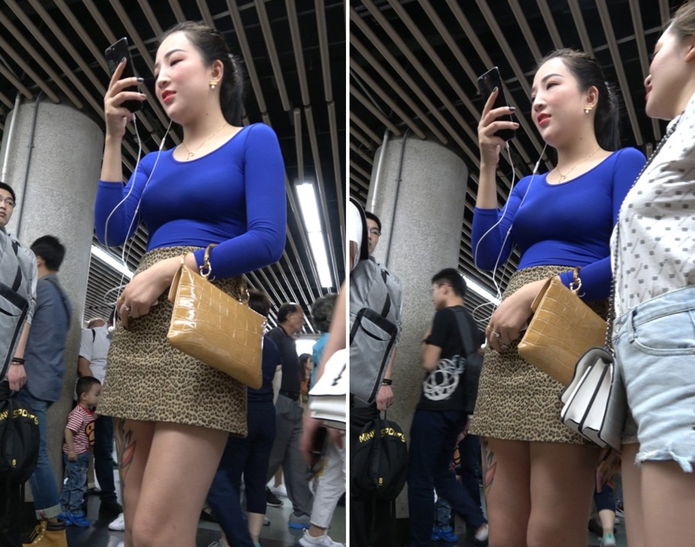 4K 蓝色紧身T恤豹纹短裙街拍美女