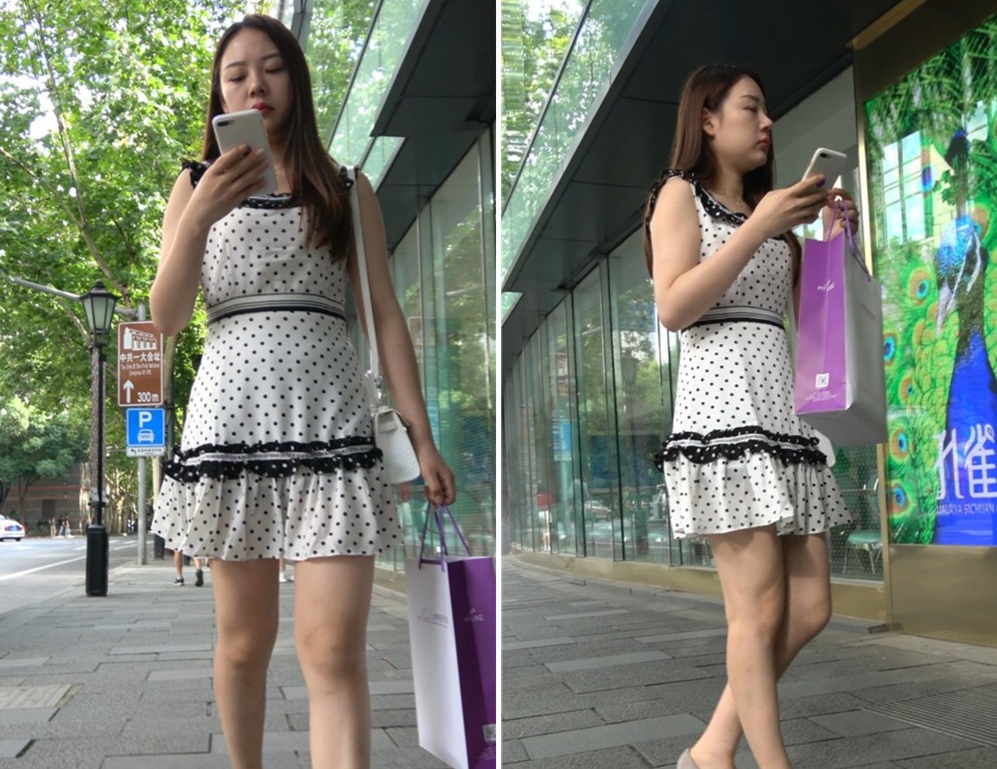 4K 斑点连衣裙街拍美女