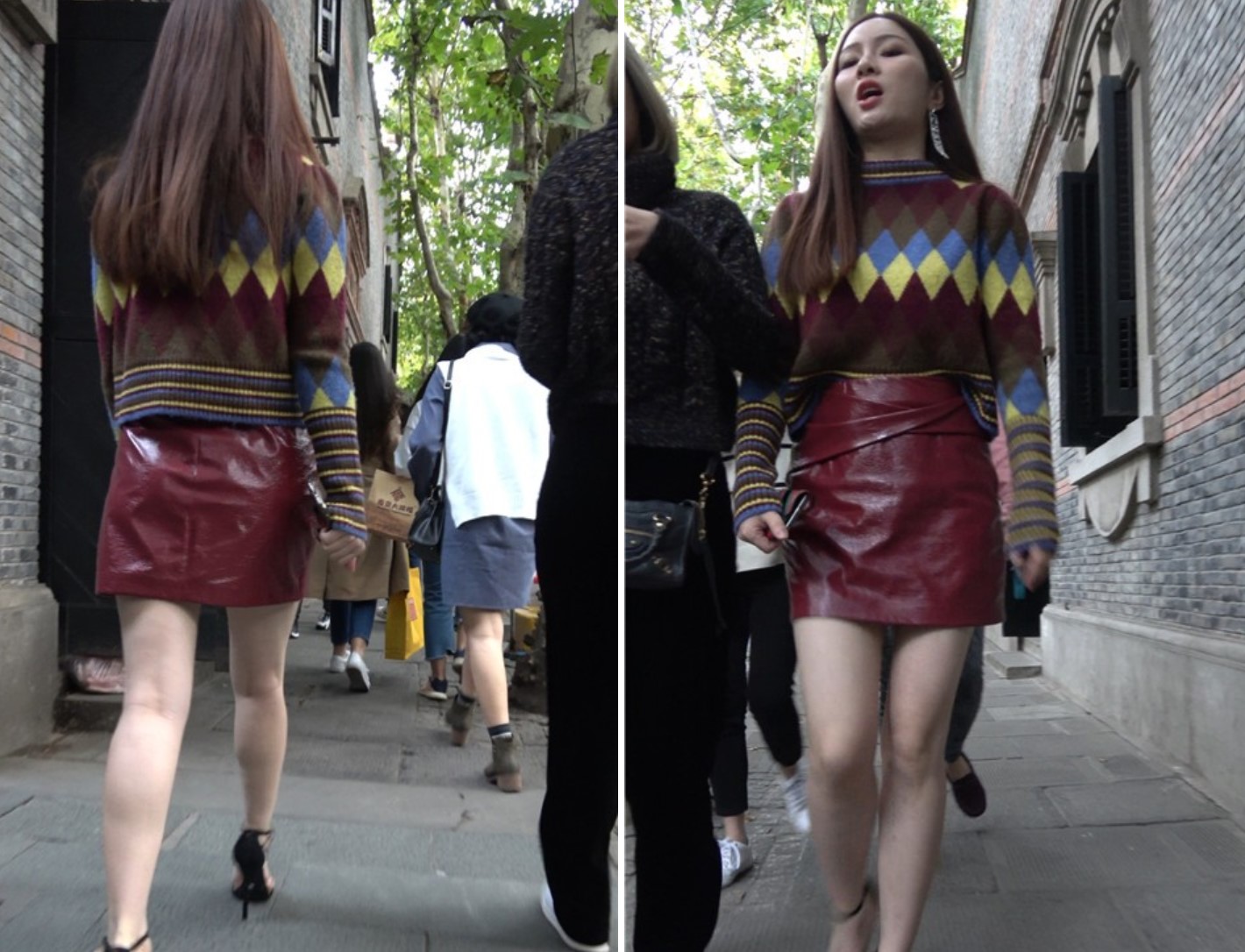 4K - 酒红色皮裙性感美腿街拍高跟美女 [1.01 GB/MP4]