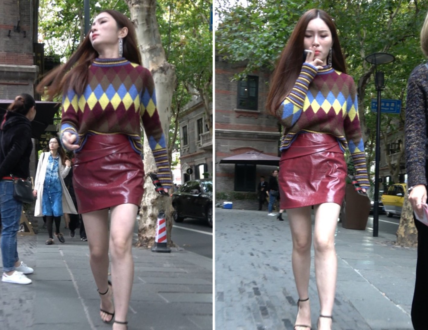 4K - 酒红色皮裙性感美腿街拍高跟美女 [1.01 GB/MP4]