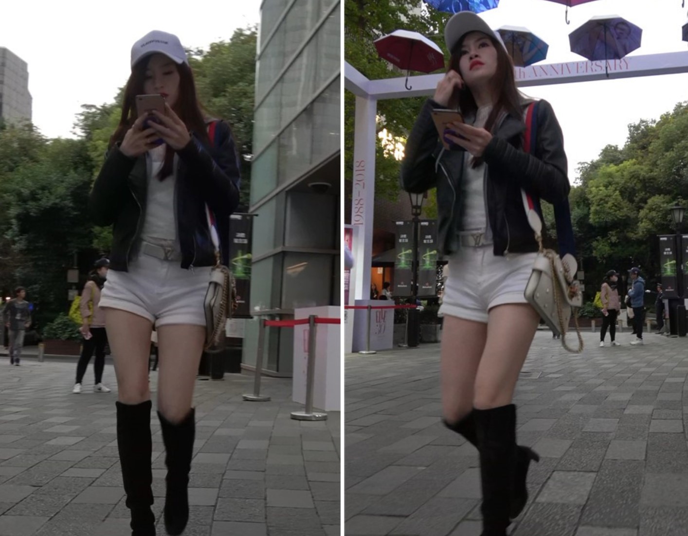 白色鸭舌帽长筒靴街拍美腿苗条美女 [1.25 GB/MP4]