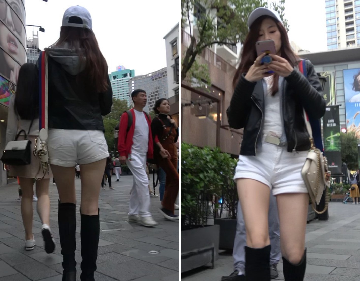 白色鸭舌帽长筒靴街拍美腿苗条美女 [1.25 GB/MP4]