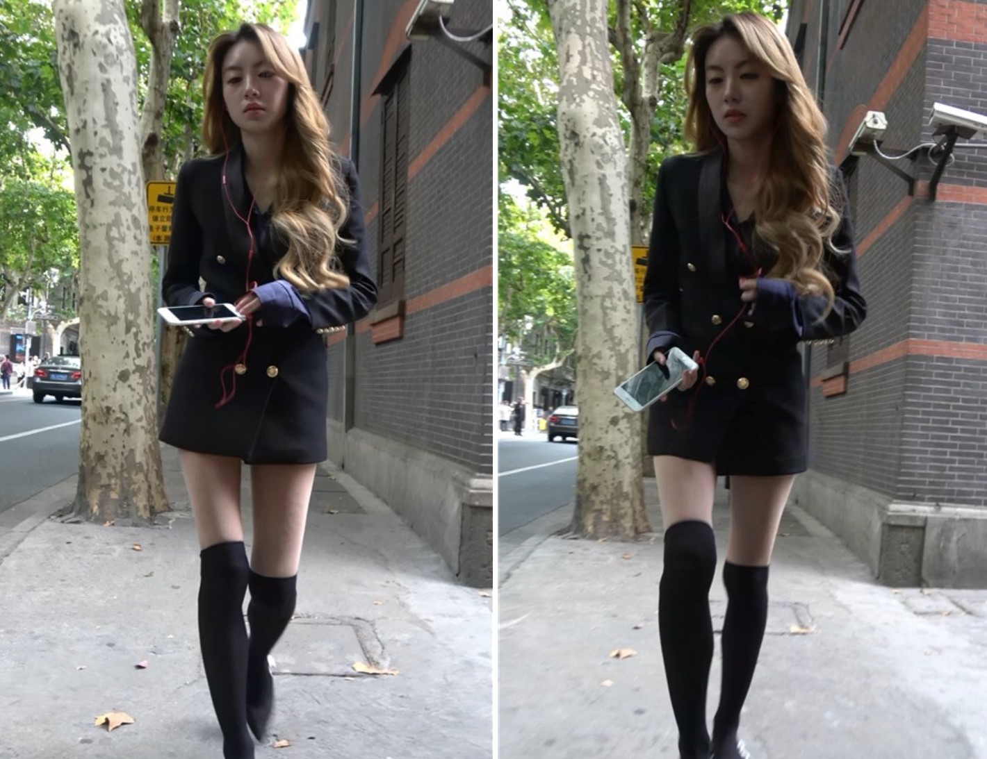 听歌走路的长筒靴美腿时尚街拍美女 [851 MB/MP4]