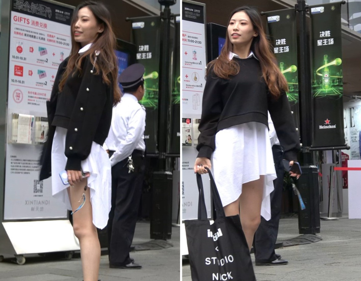 4K - 白裙黑色外套气质街拍美腿美女 [1.53 GB/MP4]