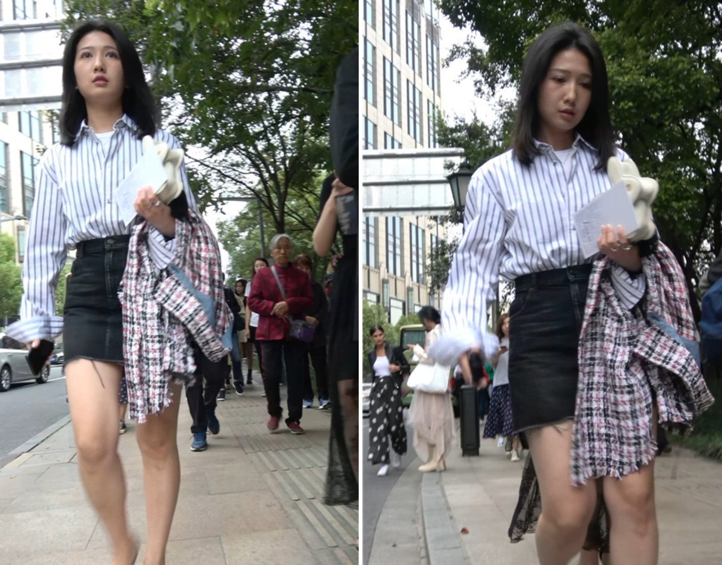 4K - 条纹衬衫短裙气质街拍高跟美女 [1.23 GB/MP4]