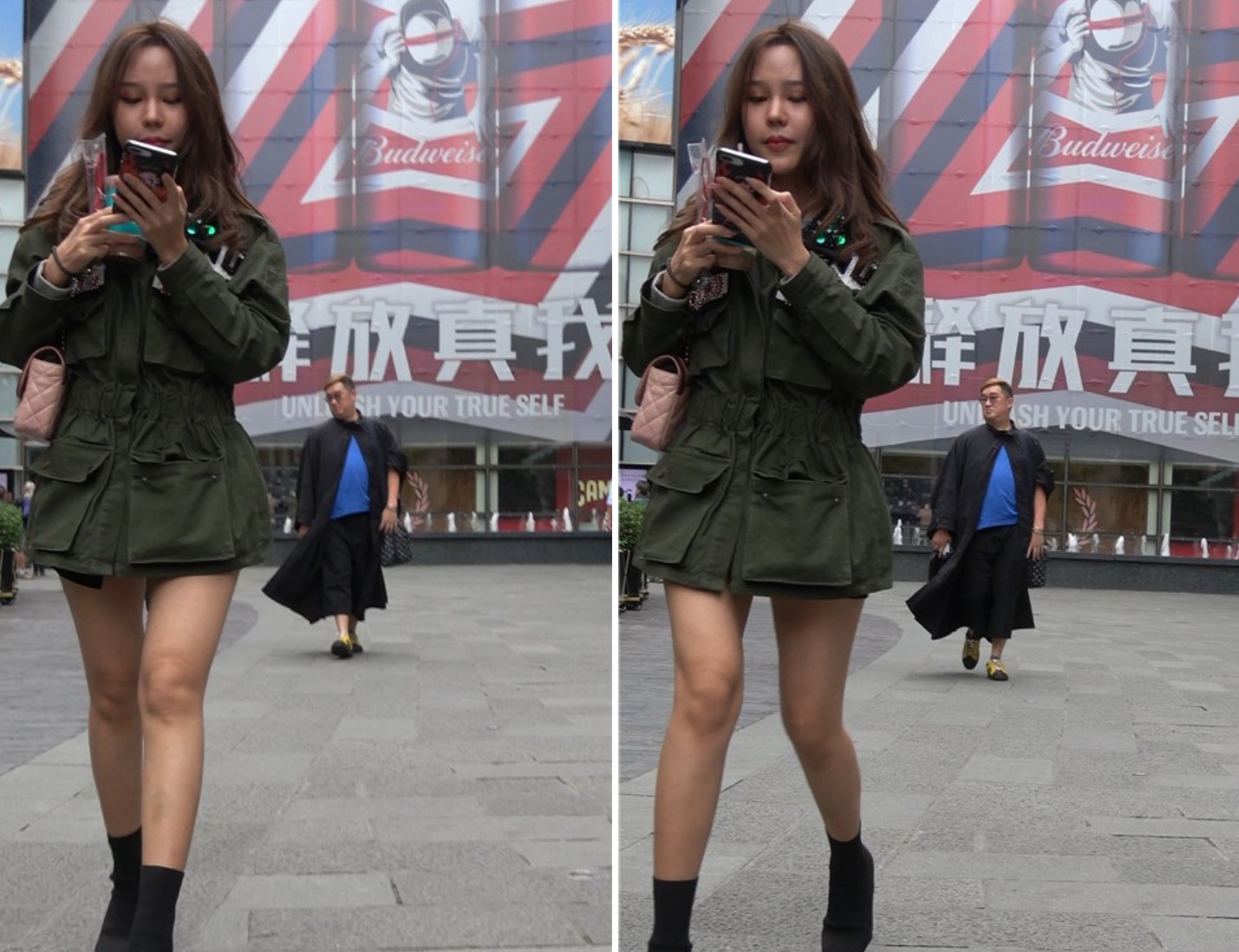 4K - 墨绿色长款外套街拍美腿美女 [546 MB]