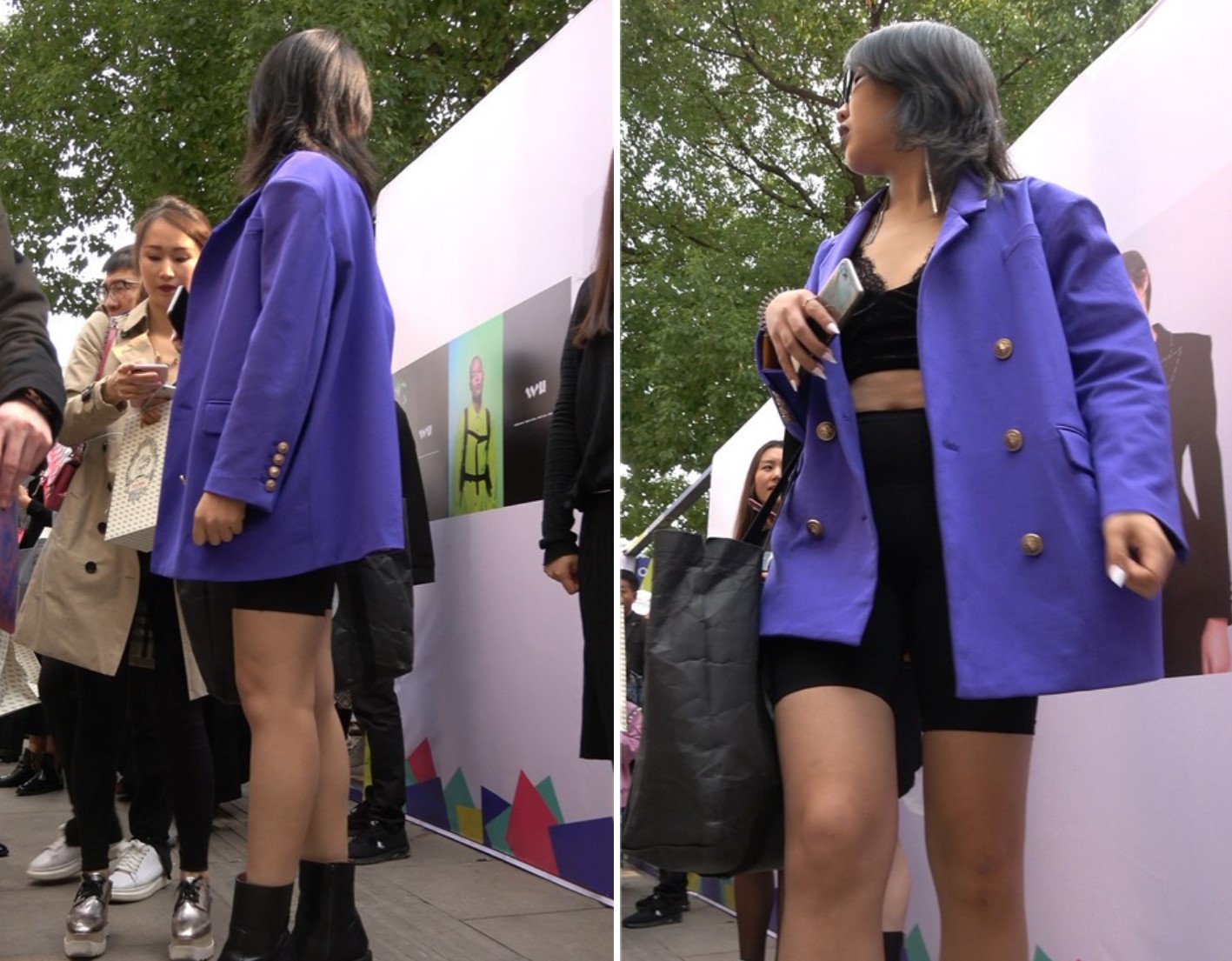 蓝色外套街拍美女的皮鞋有点太大了吧 [1.04 GB/MP4]