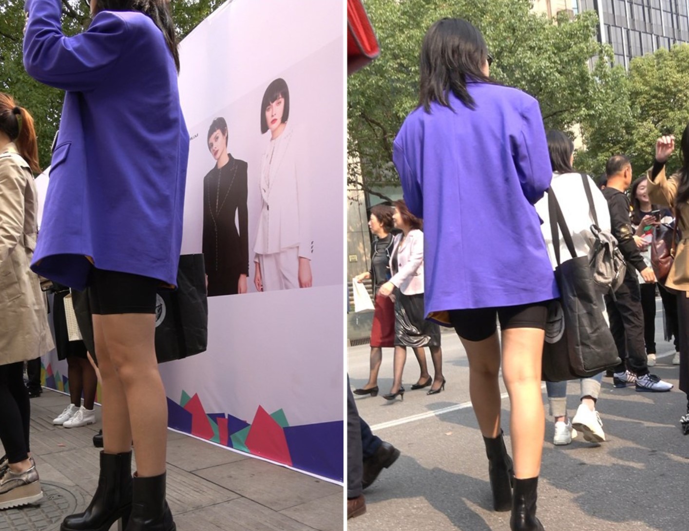 蓝色外套街拍美女的皮鞋有点太大了吧 [1.04 GB/MP4]