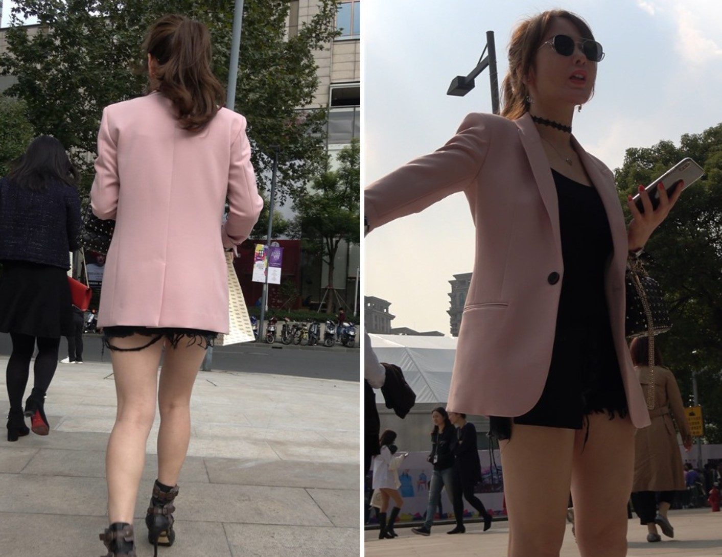 4K - 粉色西装外套街拍美腿热裤气质美女 [1.32 GB/MP4]