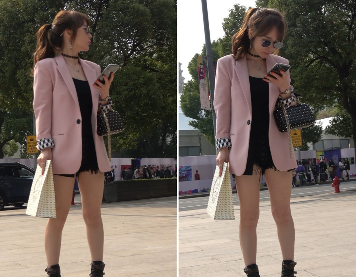 4K - 粉色西装外套街拍美腿热裤气质美女 [1.32 GB/MP4]