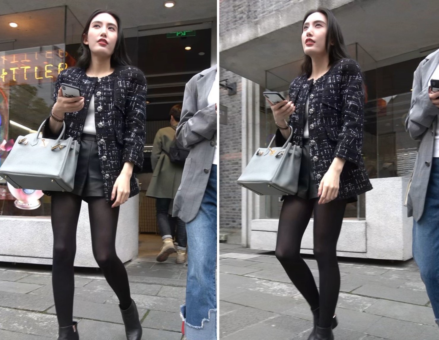 4K - 黑丝，短裙，美腿，优雅气质街拍美女 [1.43 GB/MP4]