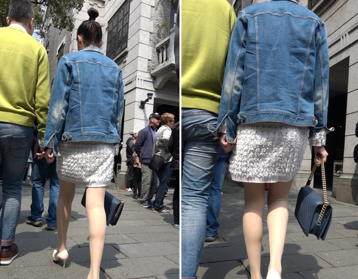 4K - 连衣裙，牛仔外套，高跟，丝袜美腿街拍美女 [1.07 GB/MP4]