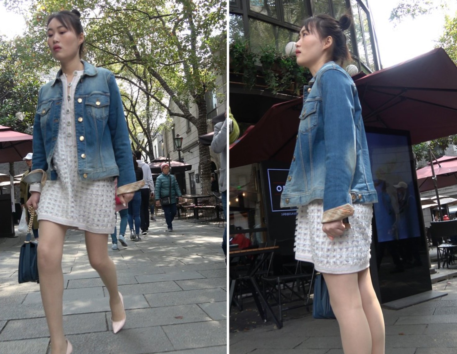 4K - 连衣裙，牛仔外套，高跟，丝袜美腿街拍美女 [1.07 GB/MP4]