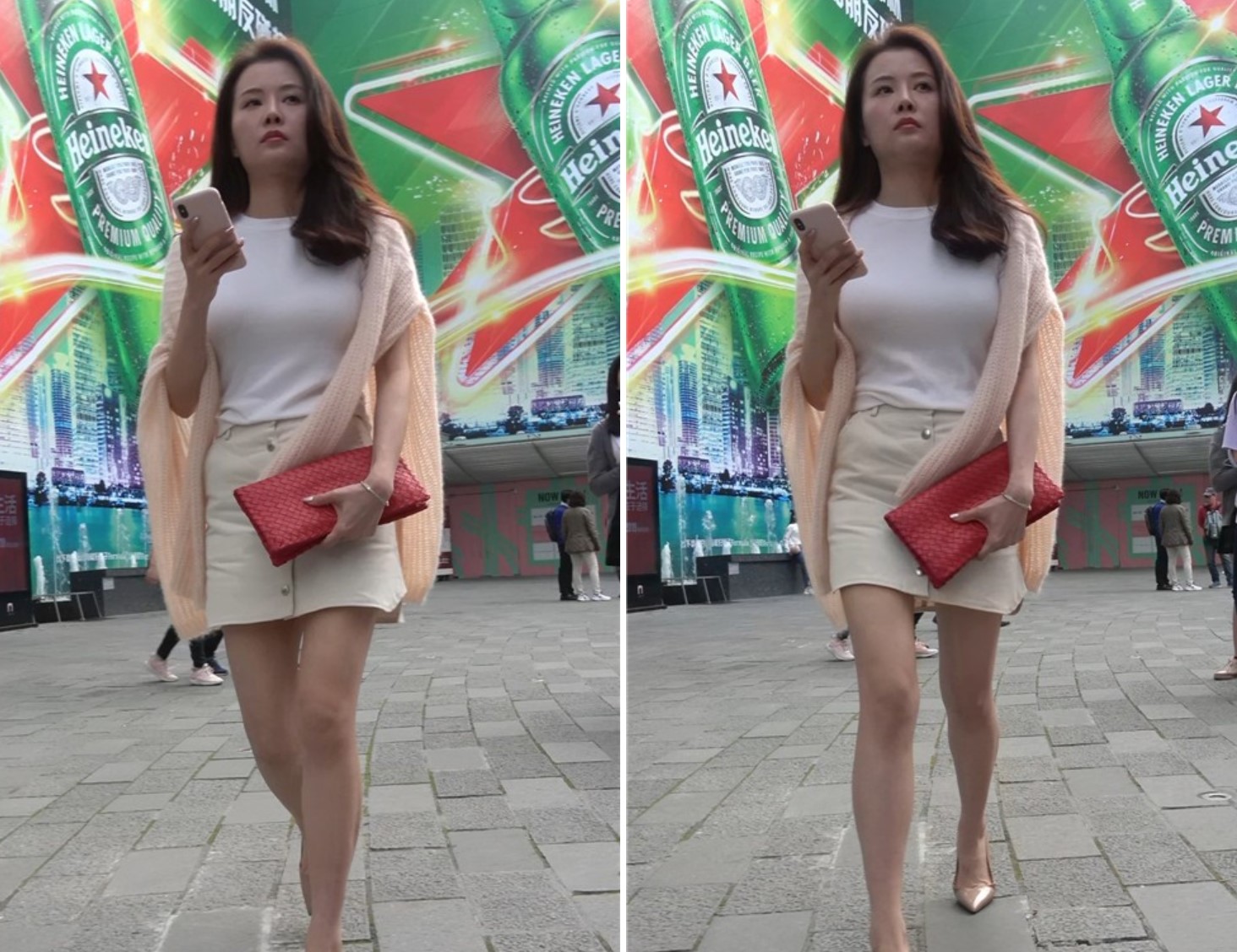 米色高跟，大长腿短裙性感街拍美女