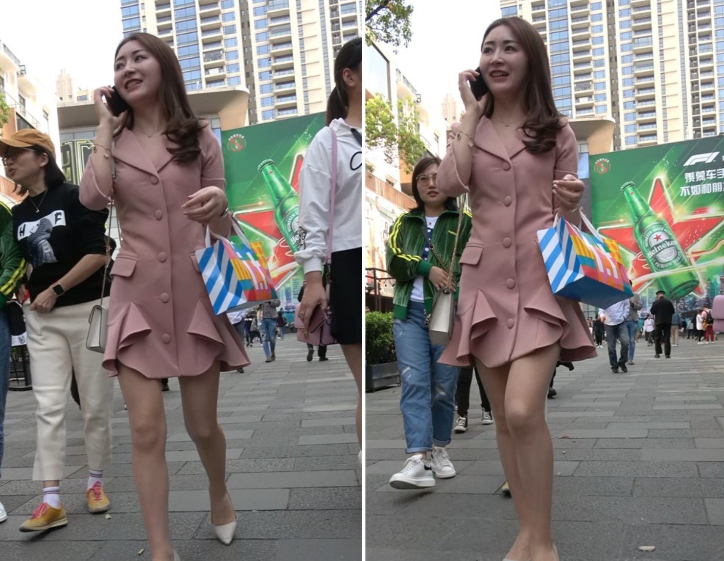 笑容美丽的粉衣街拍高跟女神