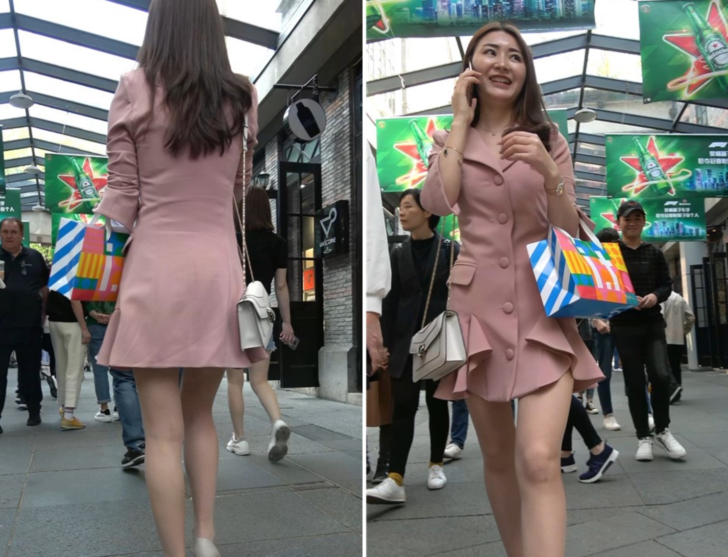 笑容美丽的粉衣街拍高跟女神