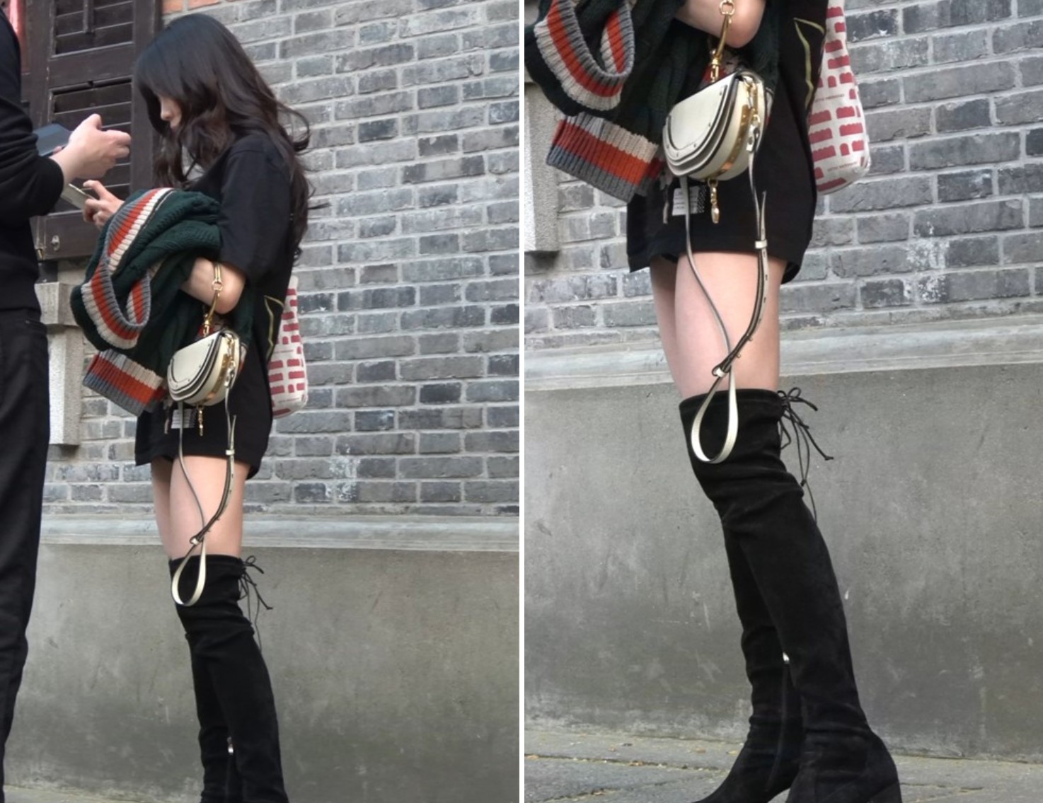 街拍黑色长靴性感美腿姑娘