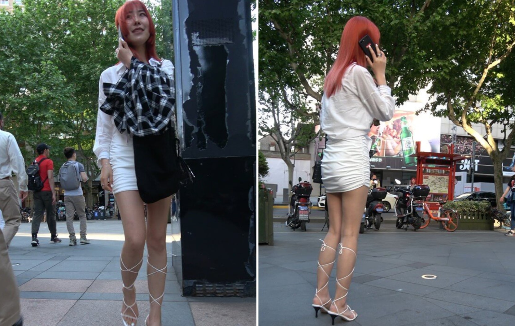 4K - 街拍酒红色头发白裙美眉 [1.27 GB/MP4]