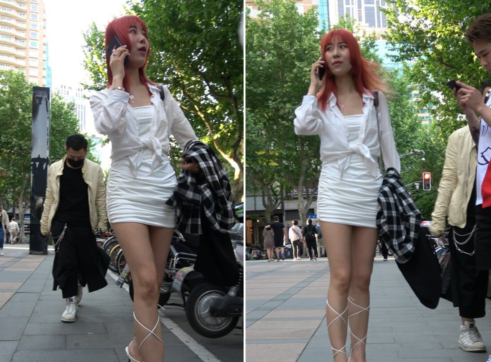 4K - 街拍酒红色头发白裙美眉 [1.27 GB/MP4]