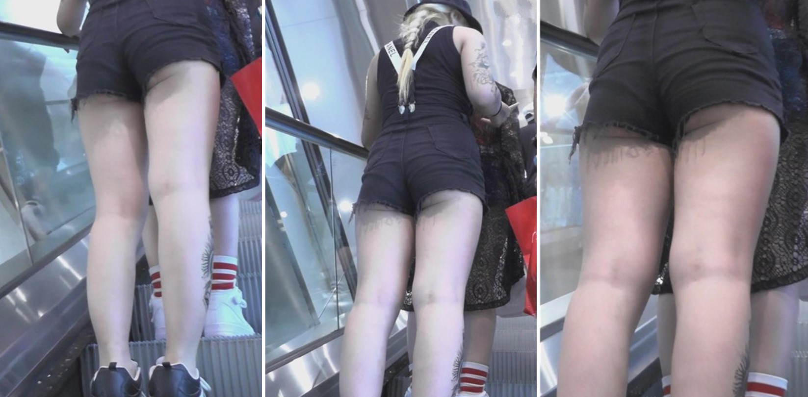 金发妹子脚上的纹身很霸气，圆臀紧身热裤够狂野。[514 MB]