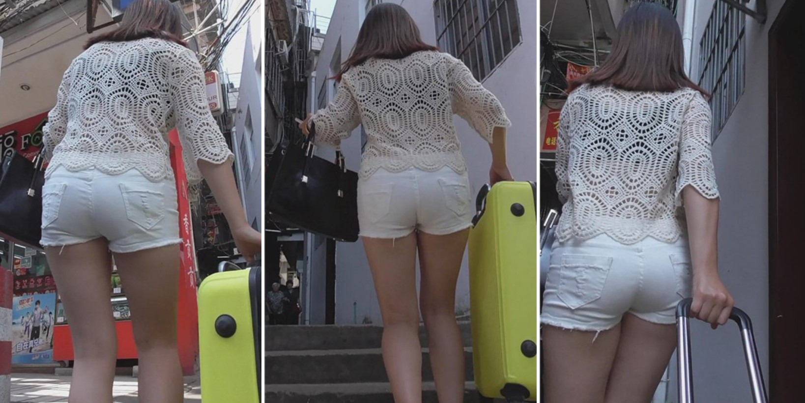 翘臀白色短热裤美眉，拉着行李箱去旅行。[178 MB]