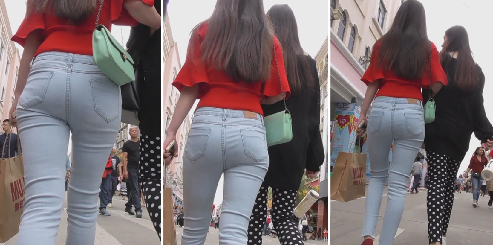 细腰圆臀紧身牛仔裤妹子，跟闺蜜挽着手走路扭啊扭。[262 MB]