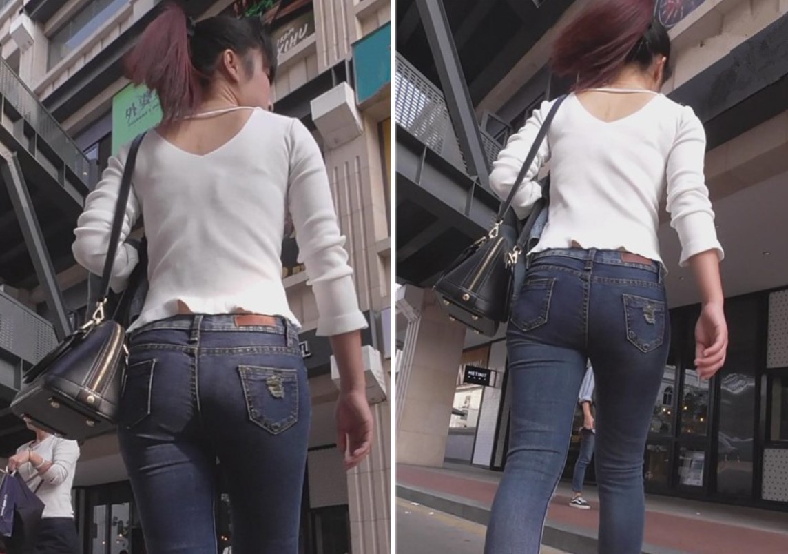 紧身牛仔裤白T恤好身材美女，马尾辫一甩一甩[426 MB]