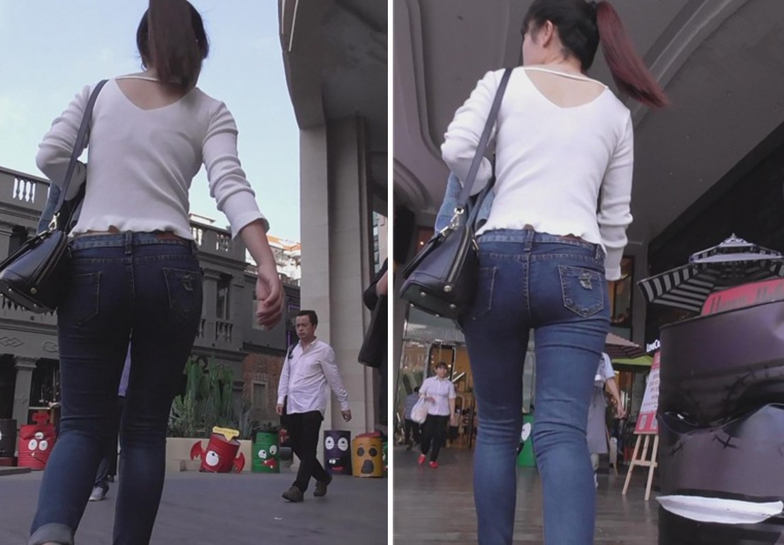 紧身牛仔裤白T恤好身材美女，马尾辫一甩一甩[426 MB]