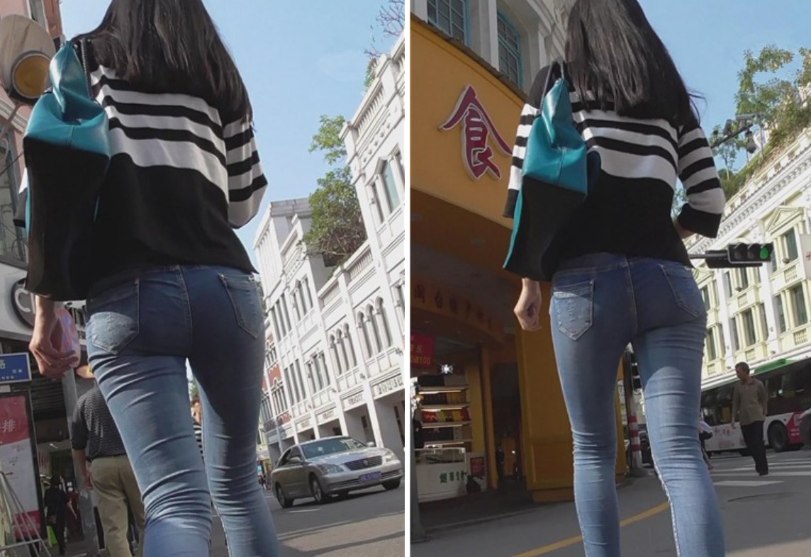 街拍紧身蓝色牛仔裤眼镜妹，身材很赞。[872 MB]