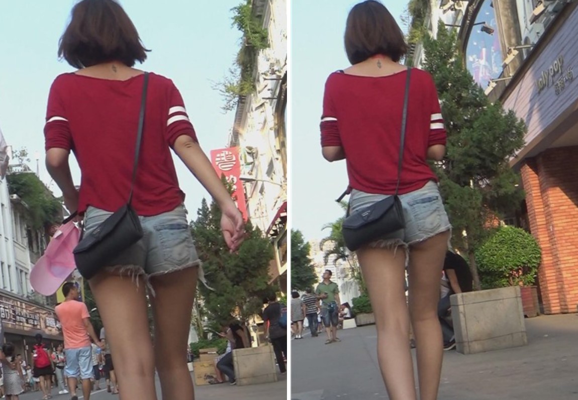 街拍红色T恤的美女，一双修长的美腿。[869 MB]