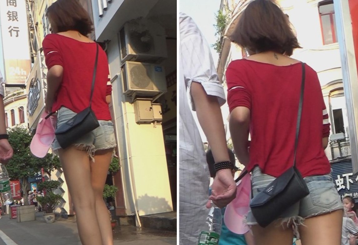 街拍红色T恤的美女，一双修长的美腿。[869 MB]