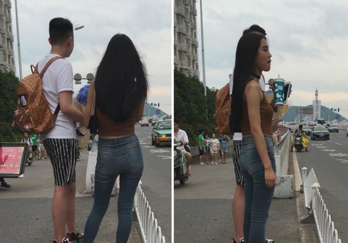 紧身蓝牛宽臀妹子跟小男友路边等车 [937 MB]