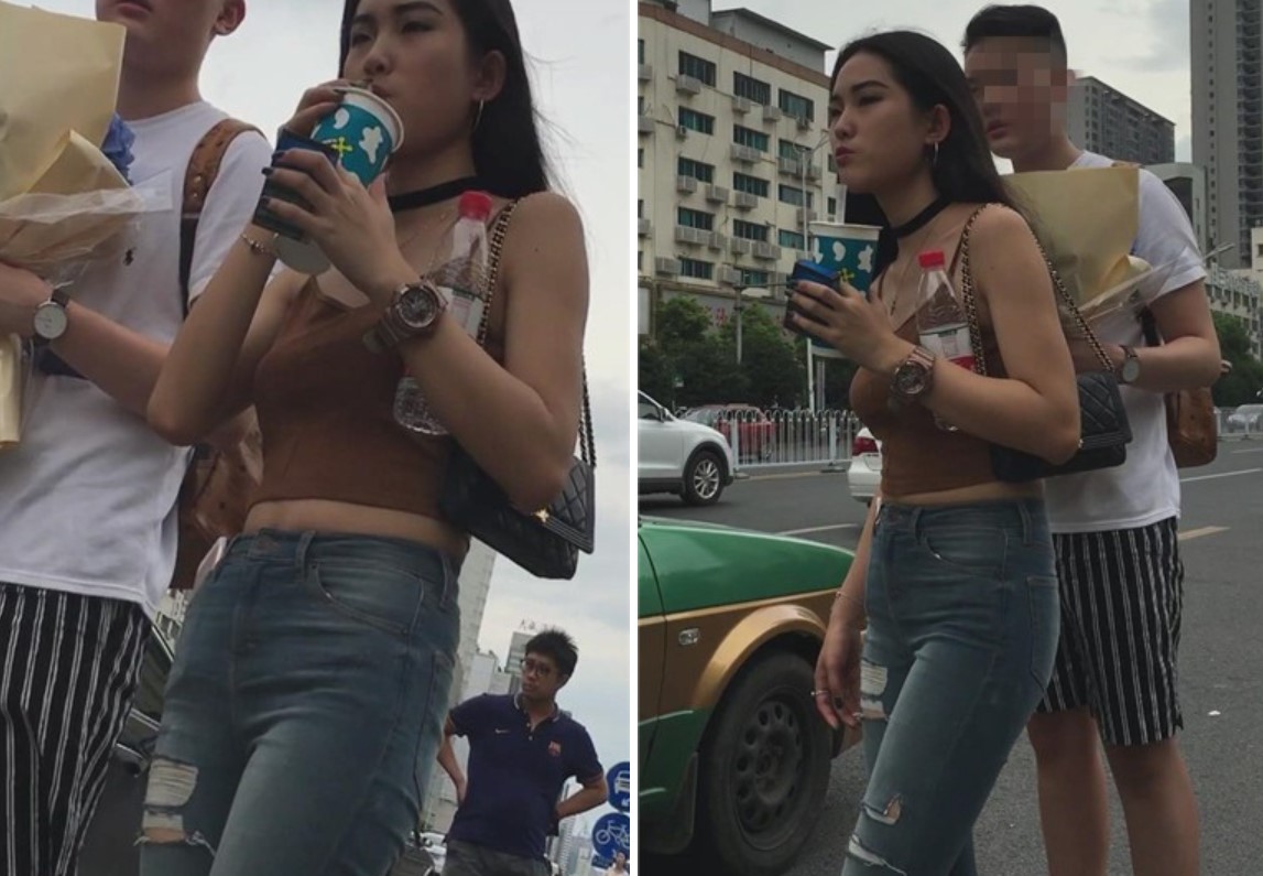 紧身蓝牛宽臀妹子跟小男友路边等车 [937 MB]