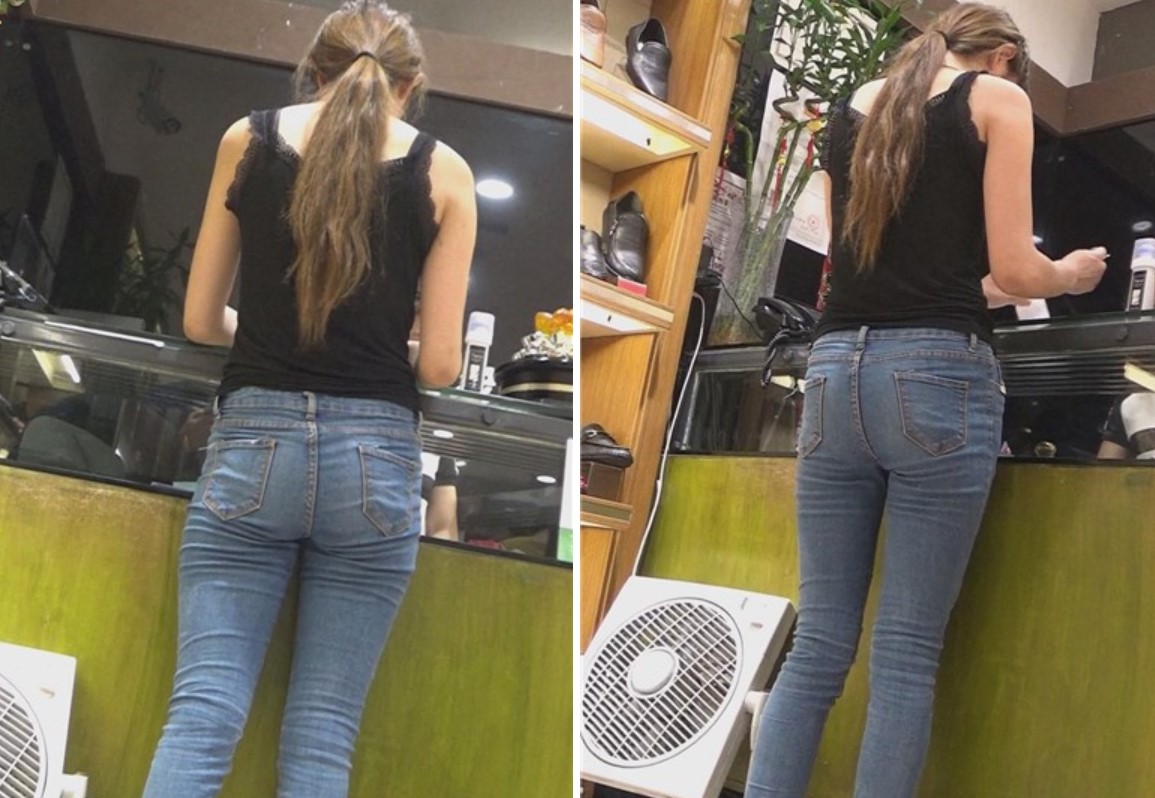 紧身蓝牛高挑长腿清纯小清新美眉鞋店买鞋 [763 MB]