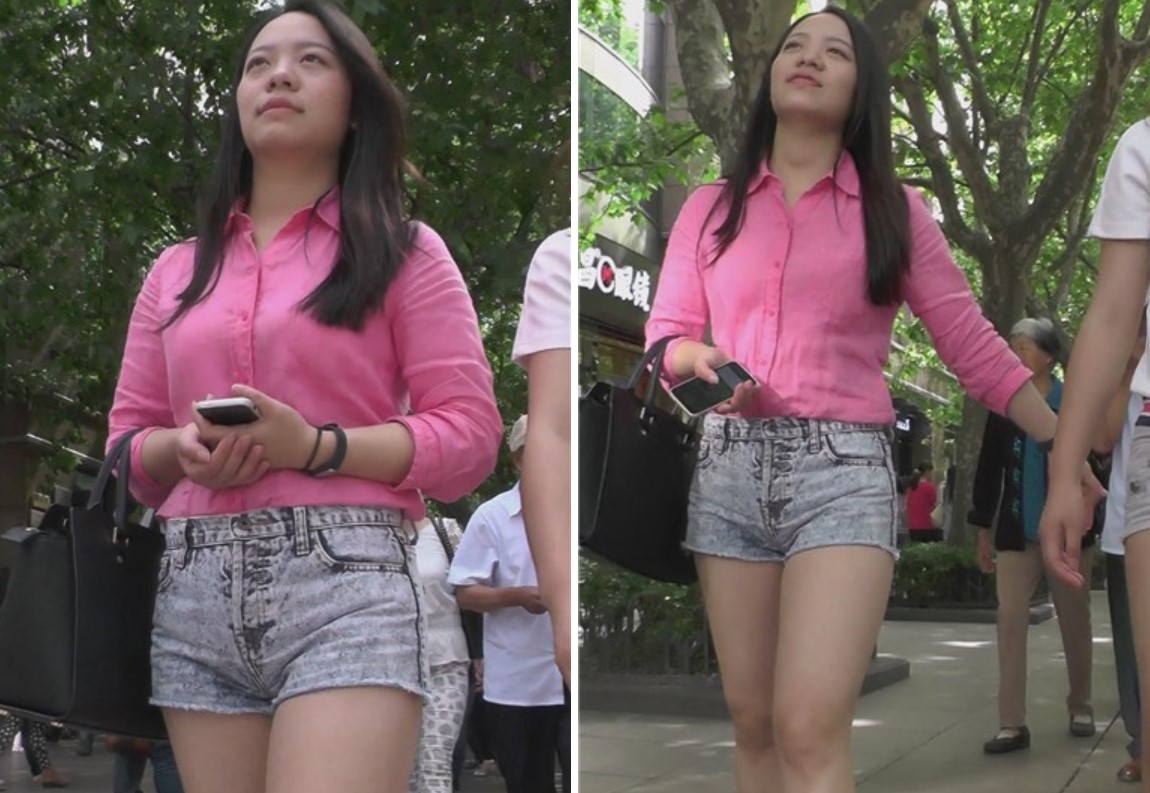 街拍粉色衬衫牛仔短裤三角区饱满的漂亮MM [523 MB]