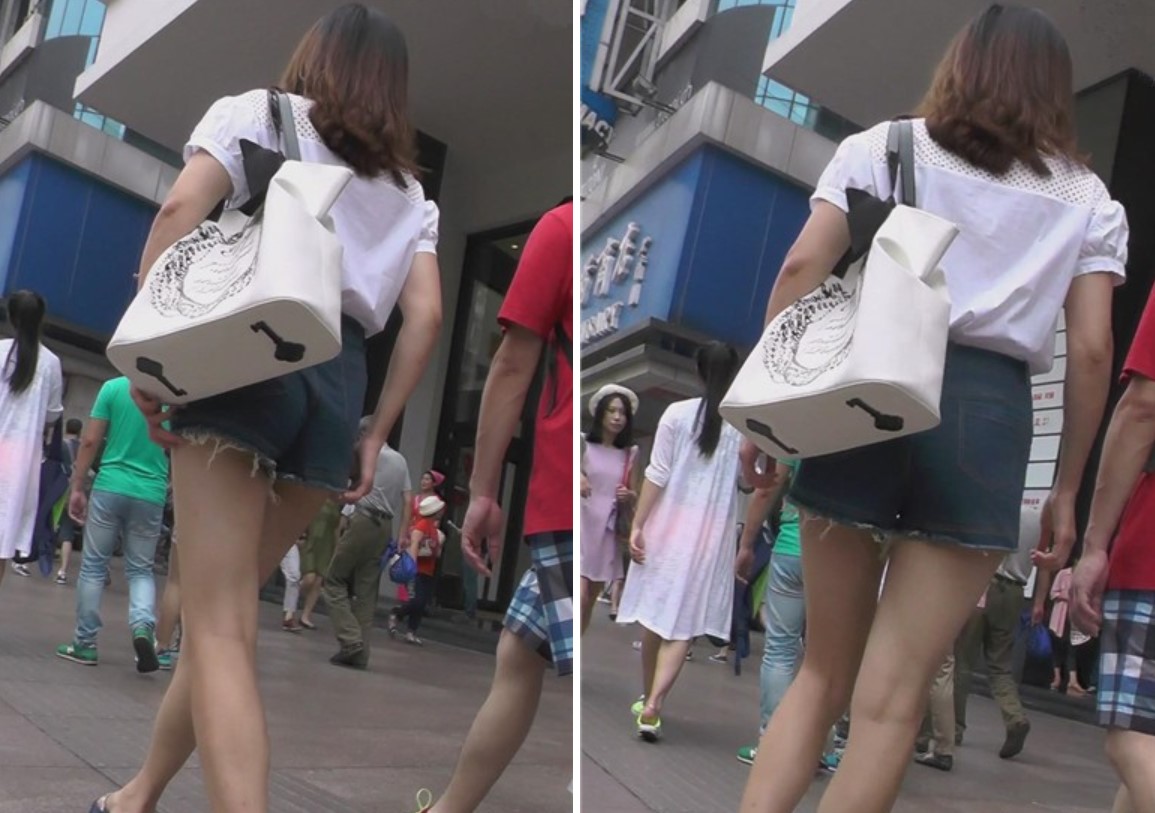 街拍白衬衫美臀牛仔短裤眼镜妹 [394 MB]