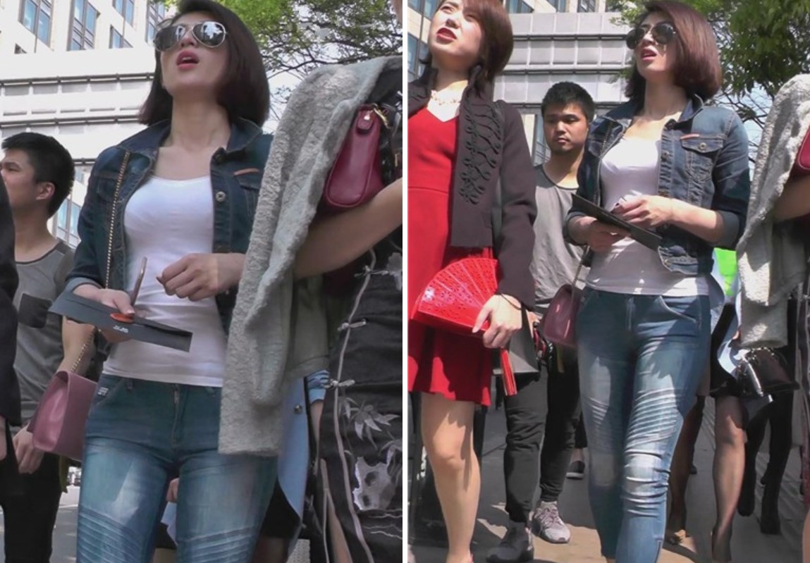 街拍颜值超高的短发墨镜紧身蓝牛美女姐姐 [500 MB]