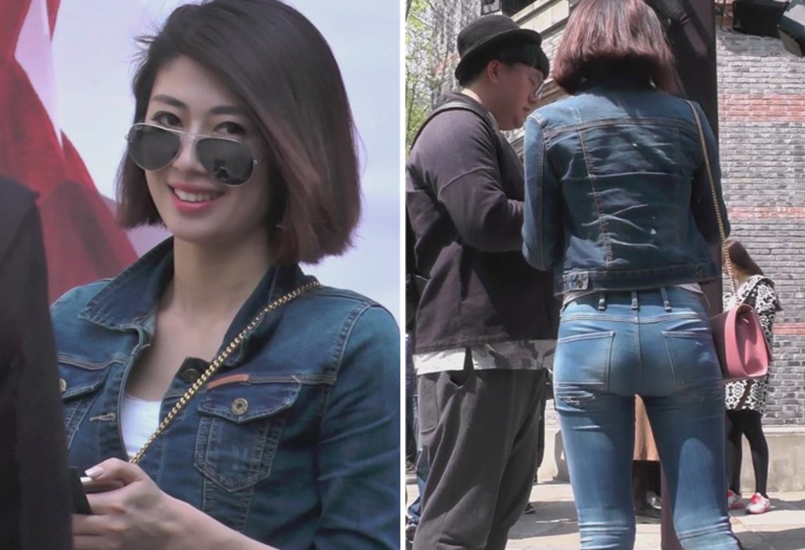 街拍颜值超高的短发墨镜紧身蓝牛美女姐姐 [500 MB]