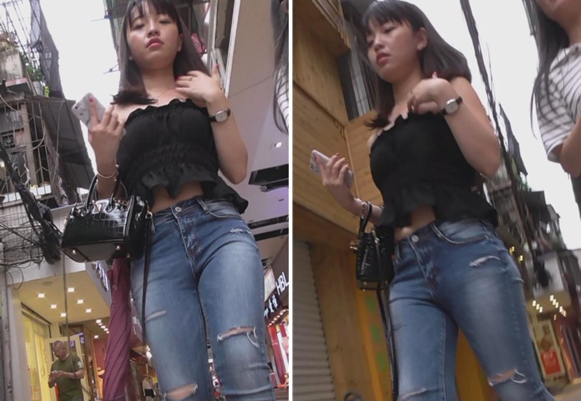 极品紧身牛仔一字肩美眉，紧到窒息 [571 MB]