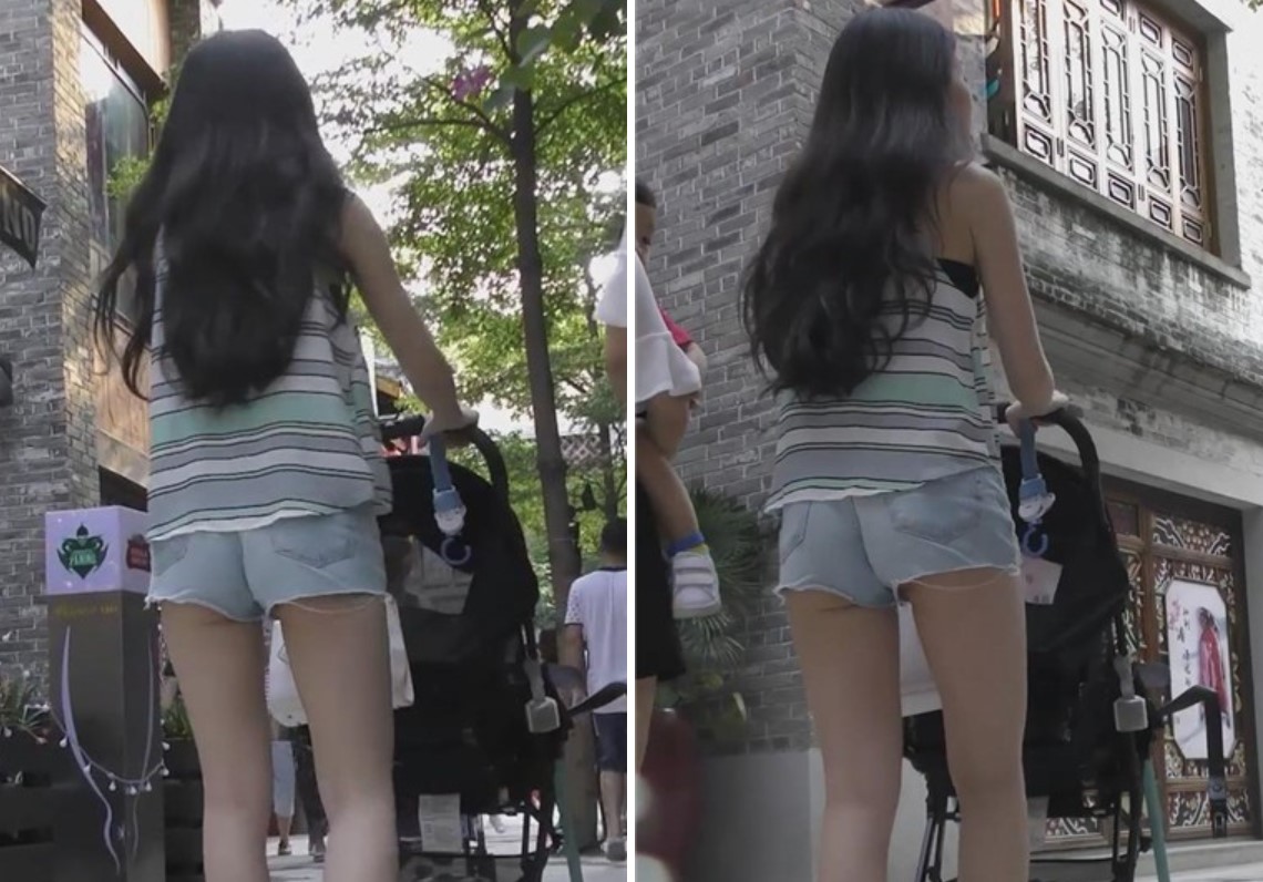 街拍超短热裤红色平底鞋少妇推小孩出来逛街 [351 MB]