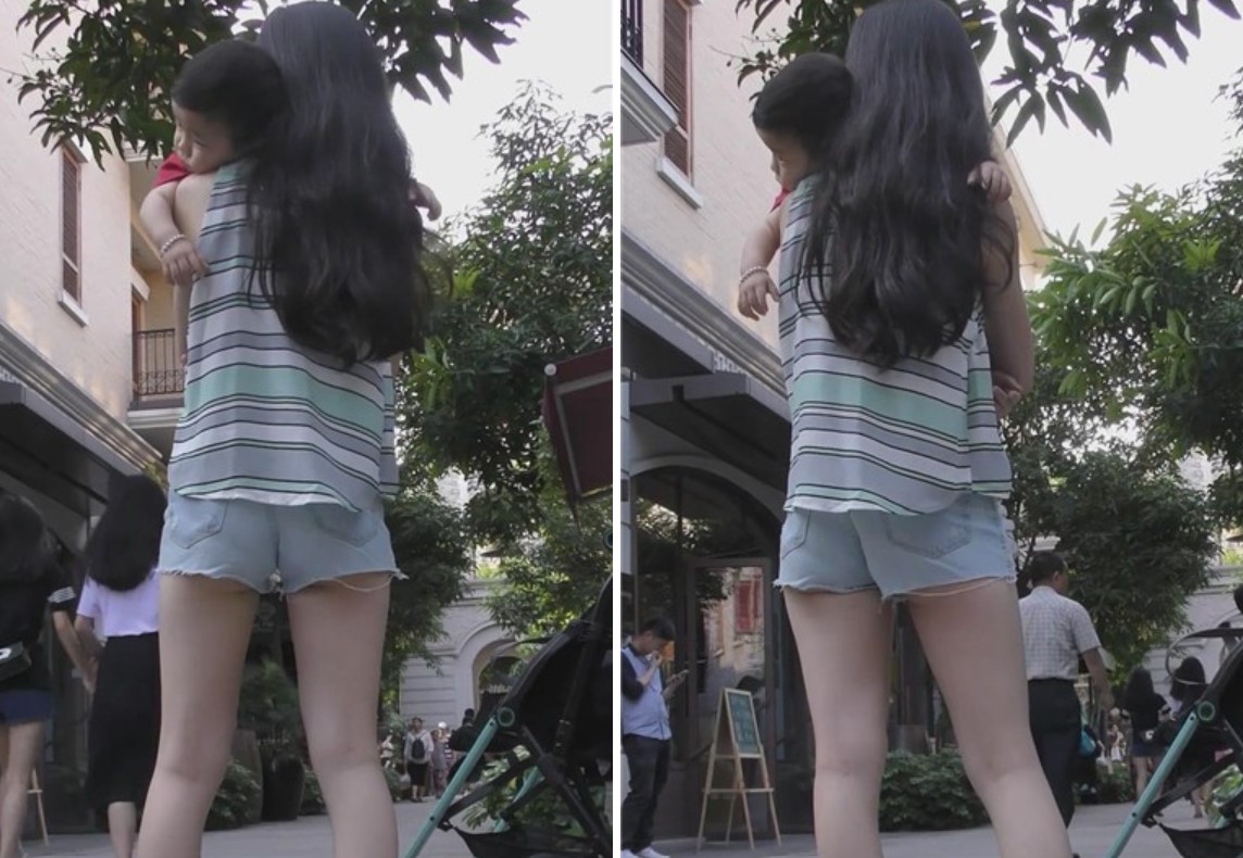 街拍超短热裤红色平底鞋少妇推小孩出来逛街 [351 MB]