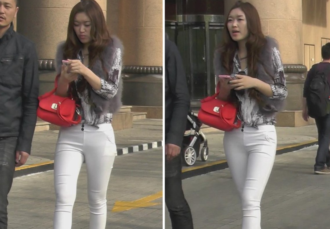 街拍白色紧身裤苗条美女跟男友逛街 [732 MB]